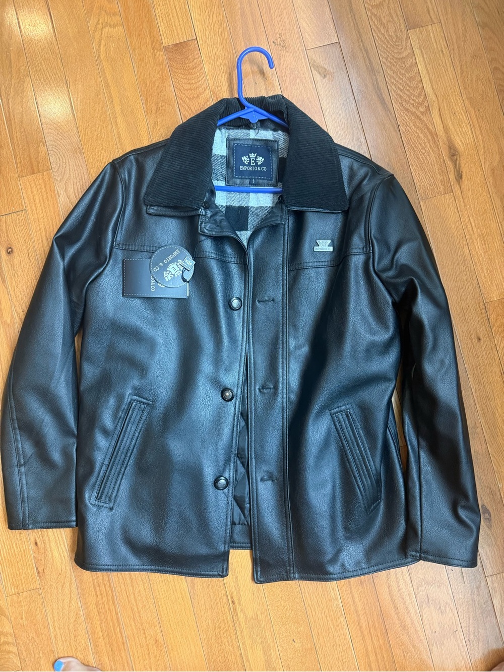 Emporio & Co. Men's Black Leather Car Coat Jacket Plaid Lined. Size Small